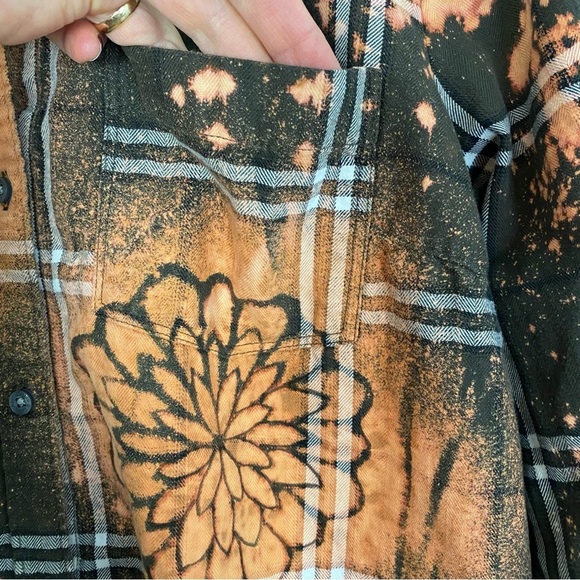 Handmade Flannel Dress Womens Small Boho Stencil Bleached Floral Tunic Green - Picture 5 of 12